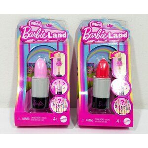 2x Barbie Mini Barbieland Pink Lipstick Container & Mystery 1.5" Doll